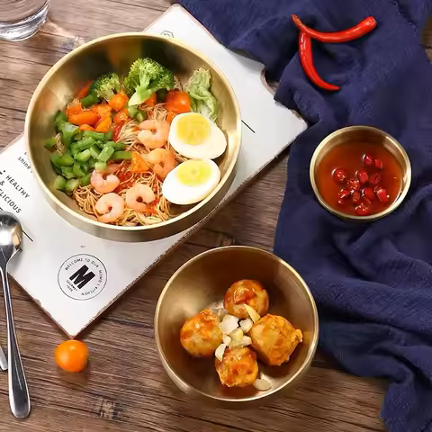 Korean Style Gold Double-layer 304 Stainless Steel Rice Bowl for Children's Meals Commercial Cuisine