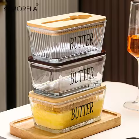 1PCS Glass Butter Dish with Bamboo Lid & Knife - Airtight Butter Storage Container for Countertops I
