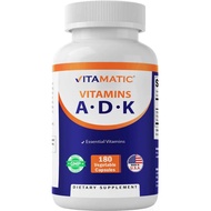 Suplemen Vitamin ADK Vitamatic, 180 Kapsul Sayuran, Vitamin A Berpotensi Tinggi, D3, K2, Bukan GMO, 