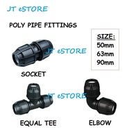 [JT eSTORE] HDPE PN16 Poly Pipe Fittings - Socket,  Bend Elbow, Equal Tee / Paip Hitam Fitting - 50m