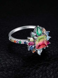 1枚豪華典雅精美的公主切割納米模擬西瓜碧璽創造的紅寶石925純銀光暈戒指,適合女士約會禮物及日常裝飾珍品珠寶