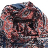 歐洲北歐風格 花朵藤蔓絲巾 印花風圍巾手織純綿絲巾 手工木刻印植物染圍巾 藍染棉絲巾 聖誕禮物 交換禮物-藍色紅色清真寺