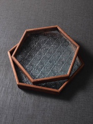 Vintage Begonia embossed glass tray, candy, Chinese style wood, melon seeds, octagonal tea tray