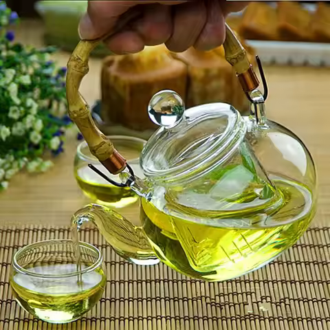 1PC Bamboo Handle Blooming Loose Leaf Tea Pot with Glass Strainer Safe Lid Dishwasher Stovetop Safe 