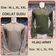 Kaos Kerah Lis Coklat Susu Dan Hijau Army Lengan Panjang Untuk Laki Laki / Perempuan Seragam Atau Pa