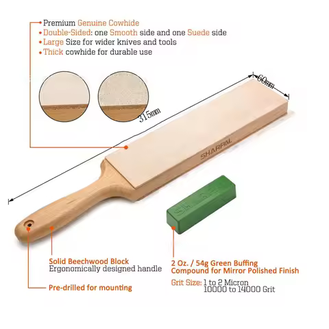 New Knife Sharpener Polishing Leather 315mm Double-side Honing Strop Compound Wooden Handle