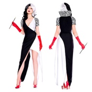 Movie Cruella De Vil Costume Black White Witch Cruella Dress Short Sleeve Long Dress Halloween Carni