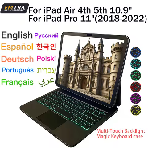 Wireless Bluetooth Backlit Keyboard For iPad Pro 11 2018-2022 Multi-Touch Tablet Hebrew Arabic Spani