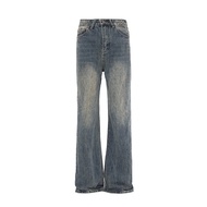 Woostop American High Street Cleanfit Mens Vintage Straight Leg กางเกงยีนส์ Washed Out ขาดๆ ยับๆ Str