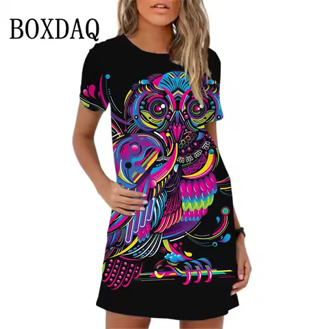 Fashion Owl Print Women Dress Summer Loose Mini Dress 3D Pattern Short Sleeve O-Neck Casual Female D