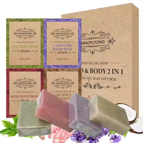 4 Pack Of Frosted Soap , Rose, Tea Tree , Lavender, Coconut Essential Oil - Kraft Paper Box For Gift