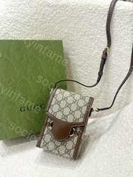 全新Gucci Horsebit 1955 烏木色拼棕色 迷你mini bag老花Logo 馬鞍扣 帆布拼皮革 手機包 斜孭袋 單肩袋625615-92TCG-8563