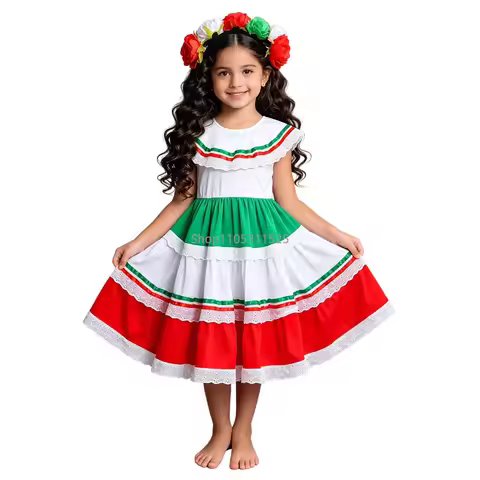 Little Girl Mexican Day Of The Dead Costume Striped Ethnic Dress Cute Kids Carnival Campus Activity 