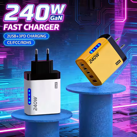 240W GaN Fast Charger 3 USB-C 2 USB-A Ports PD QC3.0 for iPhone 17 16 Galaxy S25 S24 Xiaomi 16 15 Hu