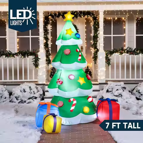 JOYFY 7 FT Christmas Tree Inflatables Outdoor Decoration Giant with 3 Gift Boxes Build-in LEDs for B