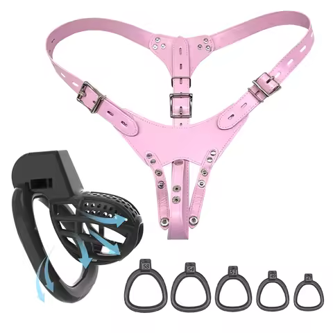 Pink Adjustable Male Chastity Device with Birdcage Cage 5 Ring Sizes Secure Long-Term Chastity Harne