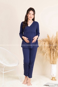 Bộ Bầu Mặc Nhà Chất Liệu 100% Cotton Mềm Mạị Vạt Chéo Đồ Bầu Sau Sinh Có Khóa Mở Cho Con Bú Và Chun