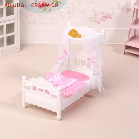 1/12 Scale Princess Bed Set with Mosquito Net and Sheets Dollhouse Bedroom Furniture Accessory.