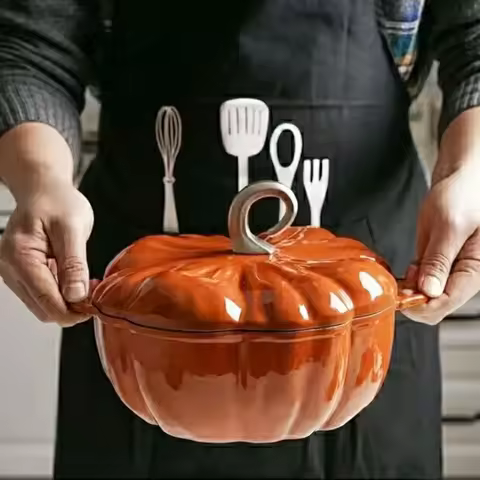 3.7L Enamel Coated Cookware Pumpkin Enameled Cast Iron Cooking Pot NonStick Enamel Pot Casserole Dis