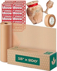 eco4plan Honeycomb Packing Paper | Extra Thick 90 GSM Packing Wrap | Biodegradable Packing Materials: 15” x 200’ Moving Paper + 195’ Cellulose Adhesive Tape + 30 Fragile Stickers | Gift Wrapping Paper