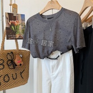 2025 Summer High-End Feeling Round Neck Polka Dot T-Shirt Women European Versatile Slim-Fit Fashiona