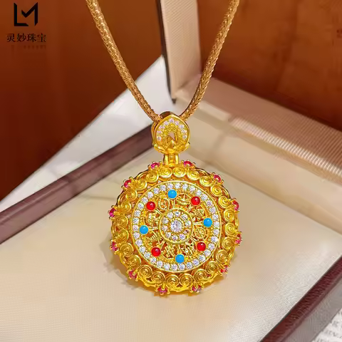 Luxury Necklace Pendant Women's 24K Gold AU999 - AU999 Pure Gold Texture, Diamond Inlay & Hollow Cha