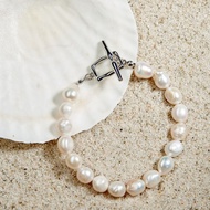 天然白色巴洛克珍珠手鍊 8–9mm 銀色方扣 簡約時尚 生日禮物