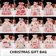（12pcs）Christmas Bronzing Cotton Linen Drawstring Bag Gift Bag Candy Drawstring Bag