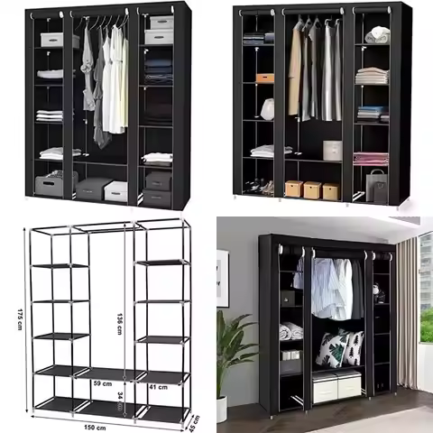 Stainless Steel Portable Clothes Closet - 175cm x 150cm x 45cm Non-Woven Fabric Wardrobe Organizer f