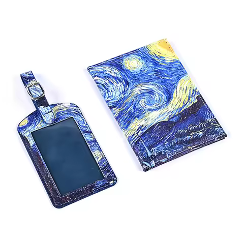 Creativity Van Gogh Painting Passport Cover Luggage Tag Set The Starry Night Passport Holder Boardin