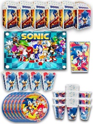 Kit de Fiesta de Personaje Sonic Desechables 82 pz Artículos Decoración Cartón Platos Vasos Dulceros Palomeros + Lona + Mantel 20 invitados