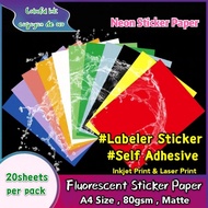 (20pcs)Neon Colour Sticker Paper A4/80gsm/Matte For Inkjet Printer &amp; Laser Printer Printing