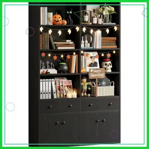 78.7" Tall 6-Tier Bookshelf with 4 Drawers & 4 Doors, Large Storage Cabinet for Living Room, Vintage