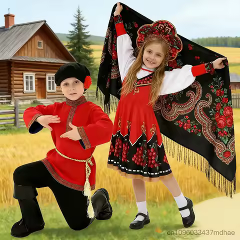 Red Russian National Traditional Dance Outfit Fancy Dress Up Мальчик Девочка Russian Folk Set World 