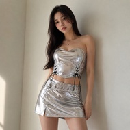 (Crazy Deals) Fashoper Adele Set Premium BangkokWanita Short Skirt Crop Top Tube Top & Mini Skirt Se