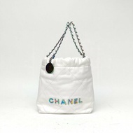 CHANEL 22BagTote托特包Mini白色牛皮晶片開幻彩扣肩背包