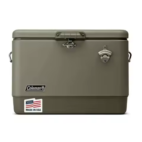 Portable cooler for camping, tailgating, beach picnic; steel-belted 54qt heavy-duty design; black; l
