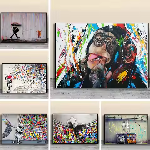 Abstract Graffiti The Boy Behind The Curtains Poster Banksy Street Art Monkey Canvas Painting Print 