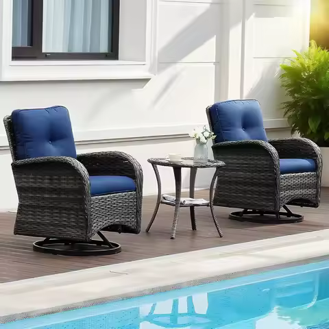 Luxury 3-Piece PE Wicker Swivel Rocking Patio Chair Set with Preminum Cushions & Ripple Glass Table,