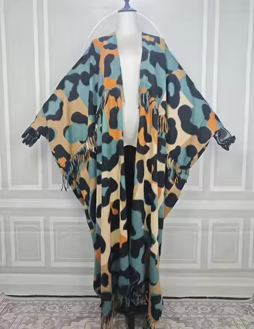 Winter New Leopard Printed Loose Warm Cardigans African Female Luxury Kaftan Kimonos Middle East Str