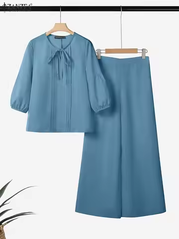 ZANZEA Autumn 2PCS Outfits Women Pant Sets O Neck 3/4 Sleeve Blouse Trousers 2025 Casual Solid OL Wo
