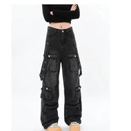 อเมริกัน High Street Vintage Cool หลวมสบายๆกางเกงยีนส์ Workwear กางเกง Multi-Pocket Weathered Denim