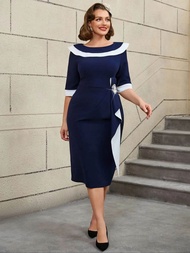 AOMEI | Navy Colorblock Beaded Bodycon Dress คอเรือ Slim Fit สไตล์วินเทจหรูหรา 90s ชุดผู้หญิงดูอินเท