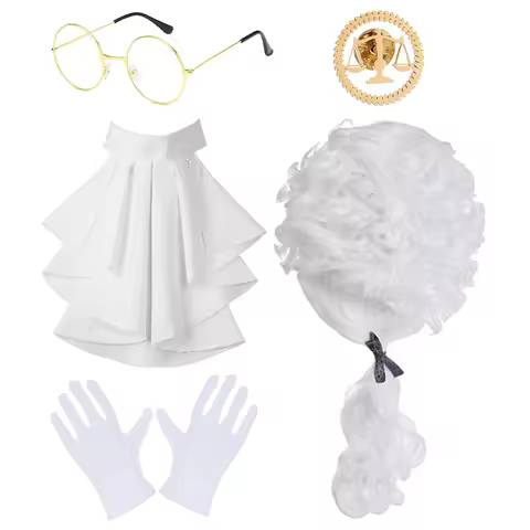 PESENAR Halloween Judge Lawyer Cosplay Accessory Kit, White Wig Collar Glasses Gloves Brooch for Cou