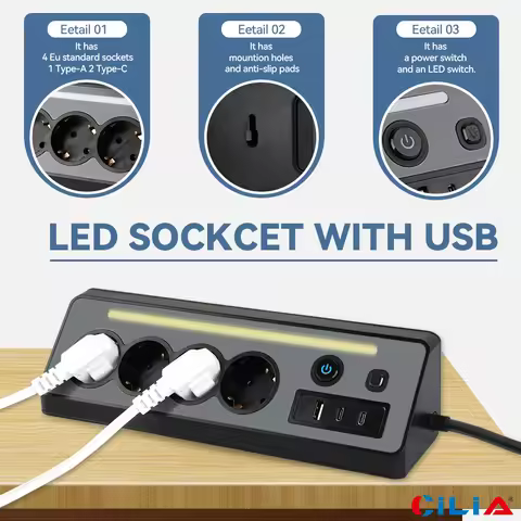 Cilia Power Strip,Multi Wall Plug，Outlets Splitter,Electrical Sockets ，1usb,2C, 4 AC,1.4M Cable Home