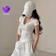 Short-Sleeve T-Shirt with Zipper Collar Tear Drop Flap Long Ribbed T-Shirt DD52, Women's Bodycon Pol