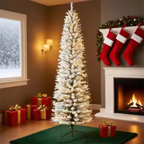 Tacleekii 6FT 7.5FT Pencil Christmas Tree Pre-Lit Frosted Artificial Tree, Skinny Xmas Trees Holiday