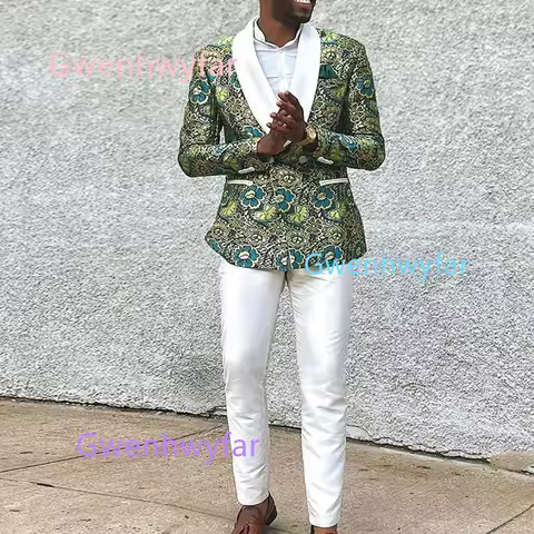 G&N Green Blue Gold Floral Embroidery Suit Jacket with White Pants 2-Piece Set Elegant Men's Ceremon