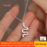 Hypoallergenic S999 Solid Silver Snake Shape & Inlaid Zircon Pendant Necklace Rantai Leher, Luxe Kor