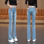高腰釘珠蝴蝶結微喇牛仔褲 春季時尚修身顯瘦彈力喇叭褲 （平行進口）（快遞送貨上門）